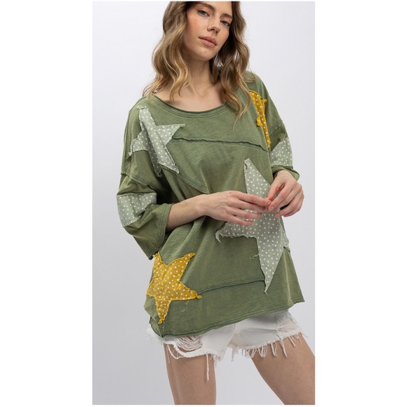 Bluevelvet Olive Green Raw Detail Star Patch Loose Fit Short Sleeve Top - Picture 6 of 10